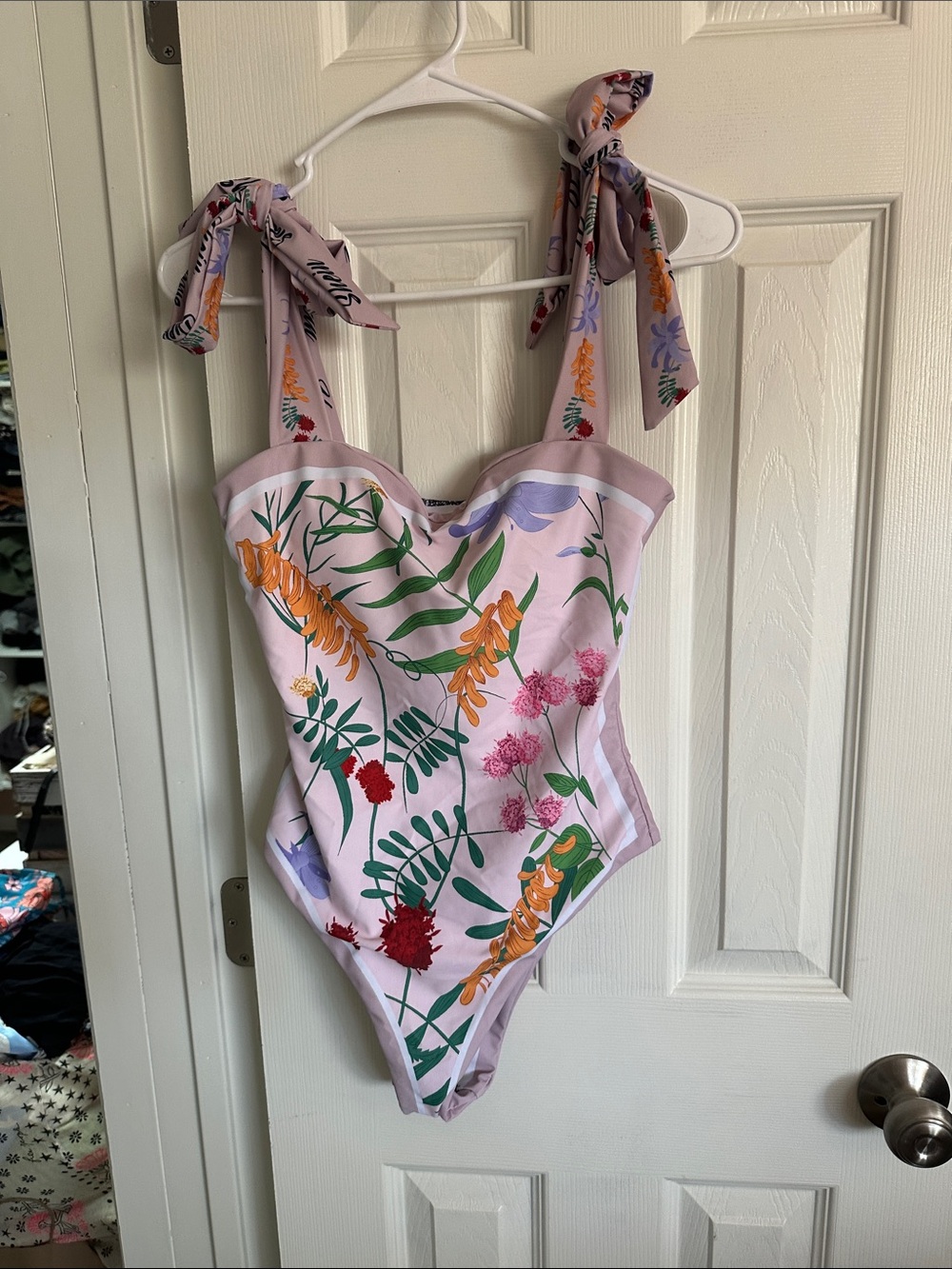 Reversible Light Pink Floral Tie-Shoulder One-Piece Swimsuit